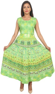 RAJDEVI JAIPUR PRINTS Women A-line Green Dress