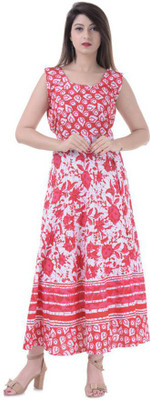 RAJDEVI JAIPUR PRINTS Women A-line Pink, White Maxi/Full Length Dress