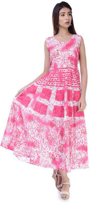RAJDEVI JAIPUR PRINTS Women A-line Pink, White Maxi/Full Length Dress