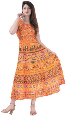 RAJDEVI JAIPUR PRINTS Women A-line Orange Ankle Length Dress