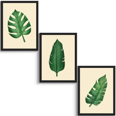 SC CREATIVES Set of 3 Realistic Tropical Leaf Framed Art Prints Painting with Plexi Glass 12 x 9 Inches Wall Art Gift Posters for Wall Decor Wall Hangings - White Frame | Ready To Hang Digital Reprint 12 inch x 9 inch Painting(With Frame, Pack of 3)