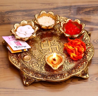 Chhariya Crafts Pooja Thali with Diya for Home and Office Temple and Pooja Aluminium(1 Pieces, Gold)