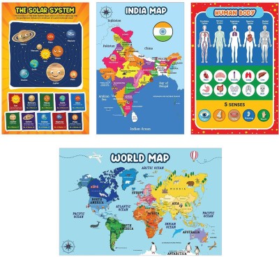 kids educational posters - kids educational chart - Charts for Kids Learning - Preschool Kids posters - poster for kids learning - wall chart for kids learning - kids study poster in nursery - Set of 4 - Charts for Solar System, Body, India & World Poster (18 X 12 Inches) Paper Print(18 inch X 12 in