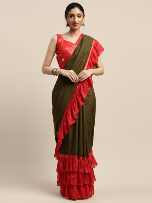 Shavya Self Design Bollywood Silk Blend Saree(Dark Green)