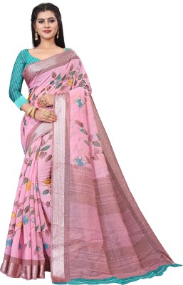 RUNAYA NX Floral Print Daily Wear Cotton Linen Saree(Pink)