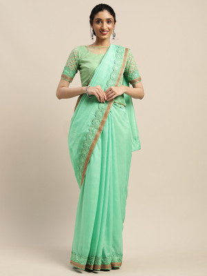 BOVTY Self Design Bollywood Silk Blend Saree(Green)