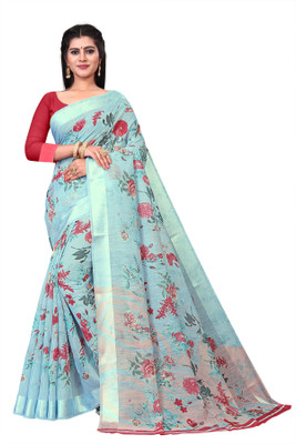 RUNAYA NX Floral Print Daily Wear Cotton Linen Saree(Blue)