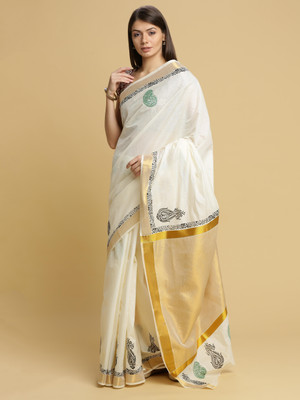 Manvish Drapes Blocked Printed Kasavu Pure Cotton Saree(White)