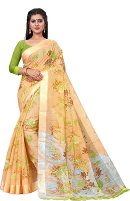 RUNAYA NX Floral Print Daily Wear Cotton Linen Saree(Beige)