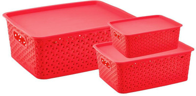 Flipkart SmartBuy Plastic Combo Of 3 Multi-Size Multipurpose Basket Storage Premium Plastic With LID Storage Basket(Pack of 3)