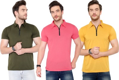 Adorbs Solid Men Polo Neck Dark Green, Pink, Yellow T-Shirt