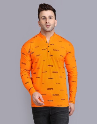 Tees Collection Printed Men Mandarin Collar Orange T-Shirt