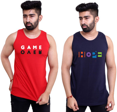 PRW FASHION Printed Men Round Neck Red, Blue T-Shirt