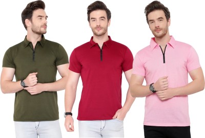 Tivy Solid Men Polo Neck Dark Green, Red, Pink T-Shirt