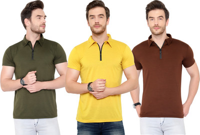 Adorbs Solid Men Polo Neck Dark Green, Brown, Yellow T-Shirt