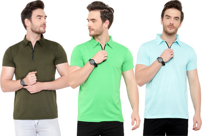 Adorbs Solid Men Polo Neck Dark Green, Light Blue, Light Green T-Shirt