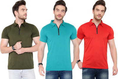 Adorbs Solid Men Polo Neck Dark Green, Light Blue, Red T-Shirt