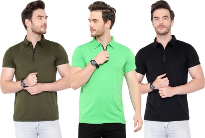 Tivy Solid Men Polo Neck Green, Black T-Shirt