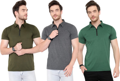 Adorbs Solid Men Polo Neck Dark Green, Grey T-Shirt