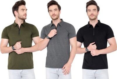 Tivy Solid Men Polo Neck Dark Green, Black, Grey T-Shirt