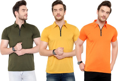 Adorbs Solid Men Polo Neck Green, Orange, Yellow T-Shirt