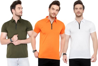 Adorbs Solid Men Polo Neck Dark Green, White, Orange T-Shirt