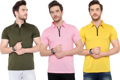 Adorbs Solid Men Polo Neck Dark Green, Pink, Yellow T-Shirt