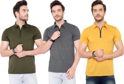 Tivy Solid Men Polo Neck Dark Green, Grey, Yellow T-Shirt