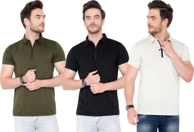 Tivy Solid Men Polo Neck Dark Green, Black, Grey T-Shirt