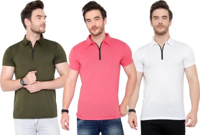 Adorbs Solid Men Polo Neck Green, White, Pink T-Shirt