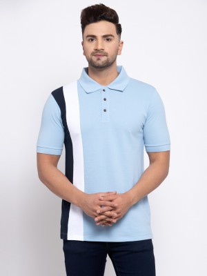 KALT Colorblock Men Polo Neck Light Blue T-Shirt