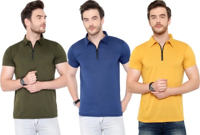 Adorbs Solid Men Polo Neck Dark Blue, Dark Green, Yellow T-Shirt