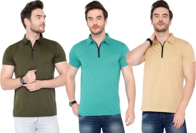 Tivy Solid Men Polo Neck Dark Green, Green, Beige T-Shirt