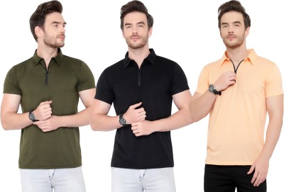 Adorbs Solid Men Polo Neck Dark Green, Black, Beige T-Shirt