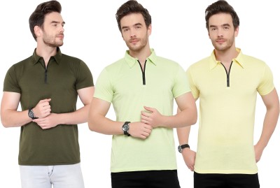 Adorbs Solid Men Polo Neck Green, Yellow T-Shirt