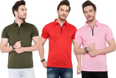 Adorbs Solid Men Polo Neck Dark Green, Red, Pink T-Shirt