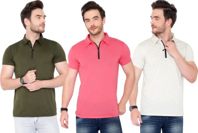 Adorbs Solid Men Polo Neck Green, Pink, Grey T-Shirt