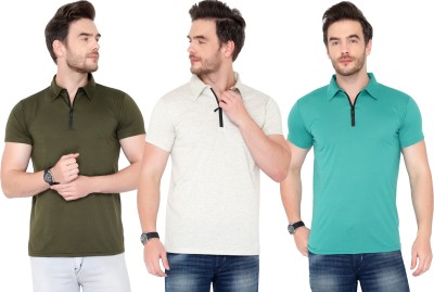 Adorbs Solid Men Polo Neck Dark Green, Blue, Grey T-Shirt