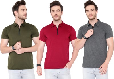 Tivy Solid Men Polo Neck Dark Green, Maroon, Grey T-Shirt