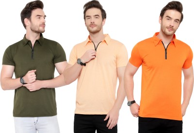 Adorbs Solid Men Polo Neck Dark Green, Orange T-Shirt