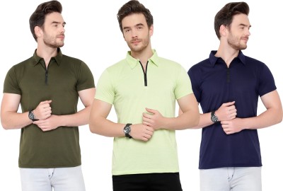 Adorbs Solid Men Polo Neck Dark Blue, Green T-Shirt