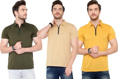 Tivy Solid Men Polo Neck Dark Green, Beige, Yellow T-Shirt