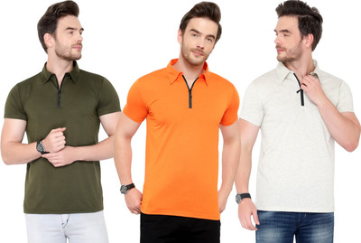 Adorbs Solid Men Polo Neck Dark Green, Orange, Grey T-Shirt