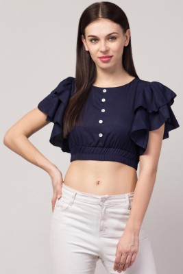 RVS FASHION MART Casual Short Sleeve Solid Women Blue Top