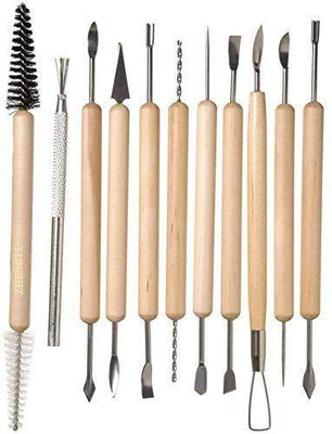 MGS CRAFT 11 Pcs Wooden Handle Clay Pottery Sculpting Tools Clay Cleaning Tool Kit