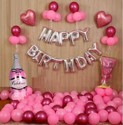 Bash N Splash Solid Silver Happy Birthday Party Decoration Pack With Birthday Glass & Bottle Balloon With Chrome (Pack of 50) Balloon(Pink, Silver, Pack of 50)