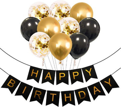 Blooms Mall Solid comfetti and black and golden metallic balloon and banner combo set for Party Decoration Balloon(Gold, Black, Pack of 11)