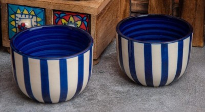 Hindustani Saudagar Ceramic Serving Bowl Hand Painted Ceramic Stoneware Serving/Maggie/Snacks/Dessert Multi Purpose Bowl (Set of 2) Microwave Safe 320 ML(Pack of 2, White, Blue)