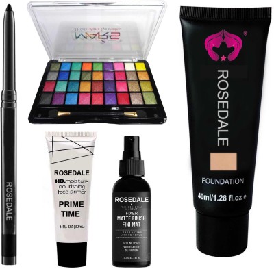 ROSEDALE Smudge Proof Long Lasting Waterproof Kajal & MARS Velvet Creamy 36 Shades Eyeshadow Palette & Absolute Focus Pearl Illuminating Primer & The Matte Fixer Face Spray & Fit Focus Cushion Cream Foundation(5 Items in the set)