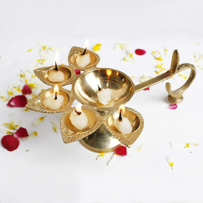 Rolimoli Pure Brass Punch Mukhi Aarti table diya set of 1 Brass Table Diya(Height: 2.5 inch)